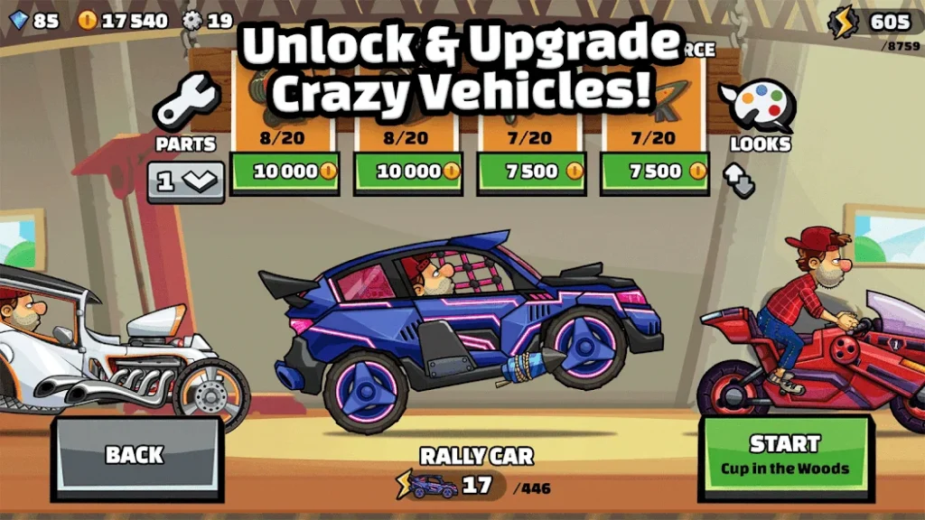 Customizing cars in Hill Climb Racing 2 Mod APK with unlocked skins and upgrades.